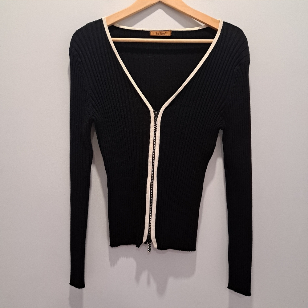 Belldini Black & White Ribbed Rhinestone Bling Y2K 2-Way Zip Cardigan Womens S
